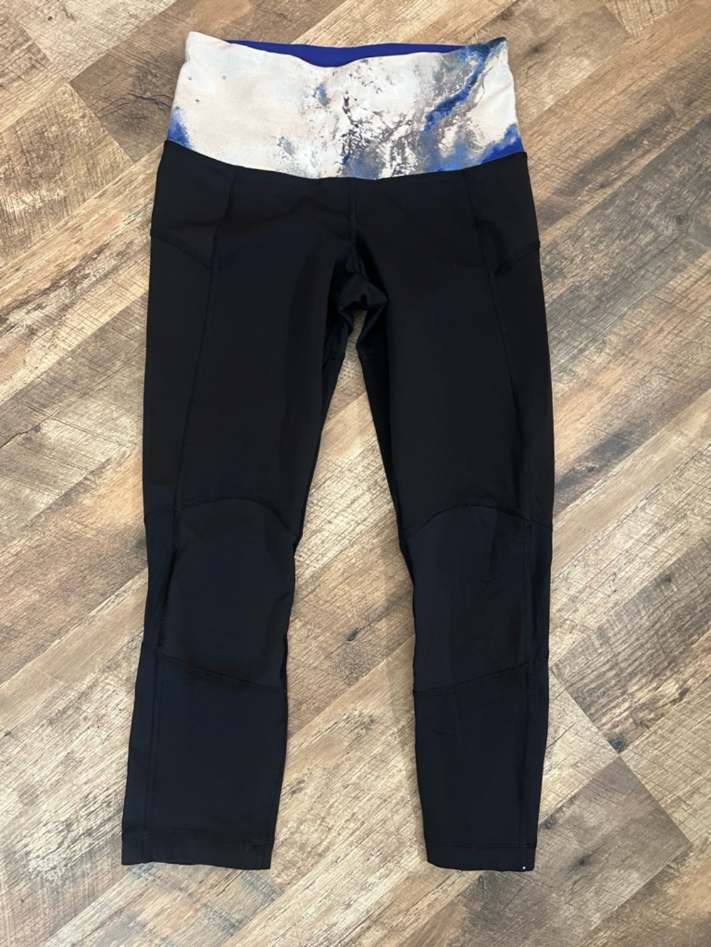 lululemon athletica Black Capri Leggings with Blue Marble Waistband
